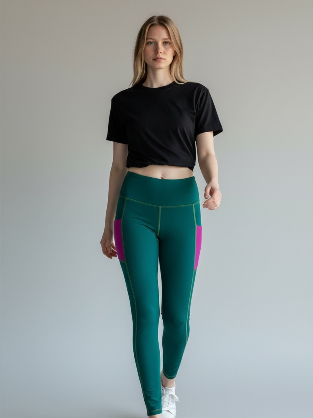 Fabletics Teal Leggings with Magenta Side Pockets